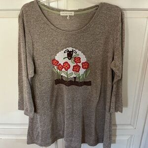 Cactus + Pearl Sheep Lace Embroidery Sz L Top 3/4 Sleeve